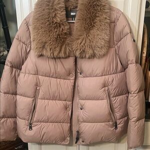DKNY Women's Beige Puffer Jacket with Faux Fur Collar